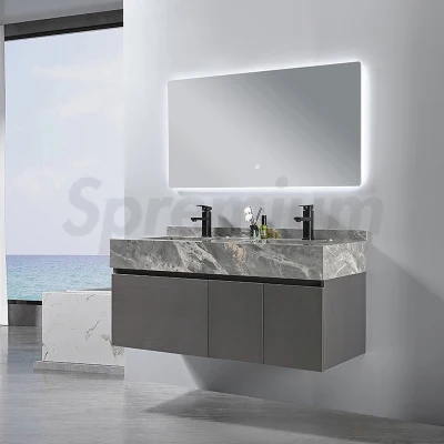 Cor cinza moderno novo design fixado na parede espelho banheiro vaidade gabinete mdf com placa de rocha bacia e topo mármore personalizado